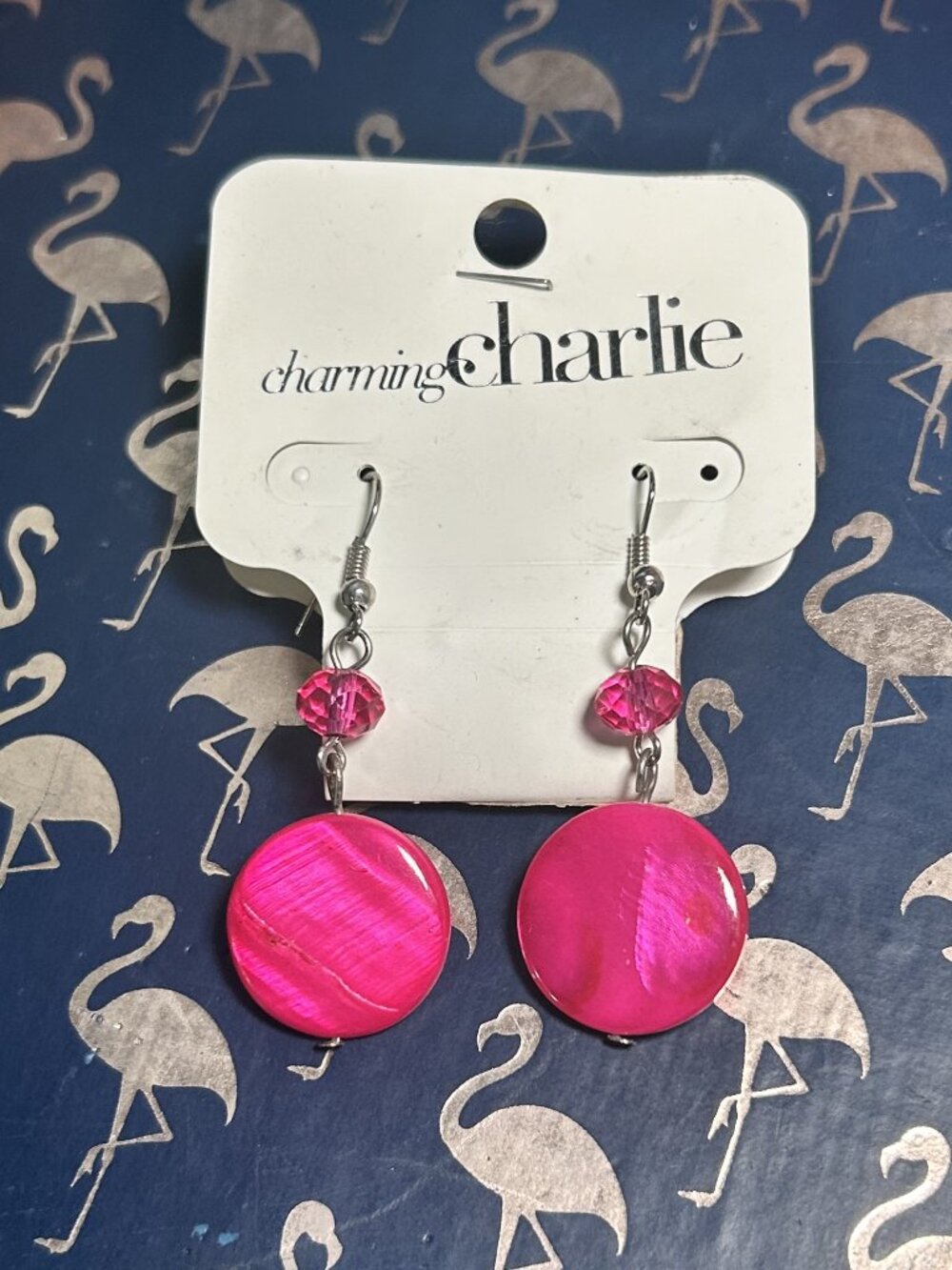 Charming Charlie Bright Hot Pink Mother of Pearl Shell Disc Drop Earrings